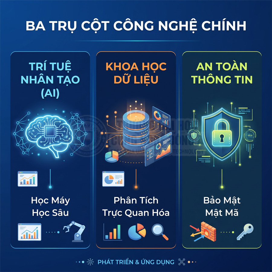 Ba trụ cột công nghệ chính gồm trí tuệ nhân tạo, khoa học dữ liệu và an toàn thông tin với các biểu tượng minh họa