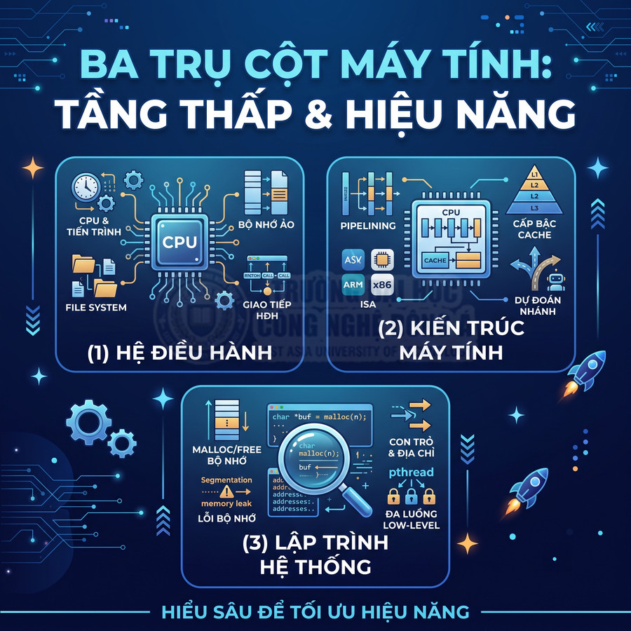 Infographic ba trụ cột máy tính gồm hệ điều hành, kiến trúc máy tính và lập trình hệ thống tối ưu hiệu năng