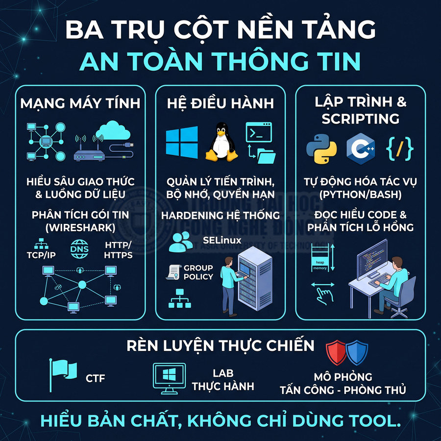 Ba trụ cột nền tảng an toàn thông tin gồm mạng máy tính, hệ điều hành, lập trình và rèn luyện thực chiến