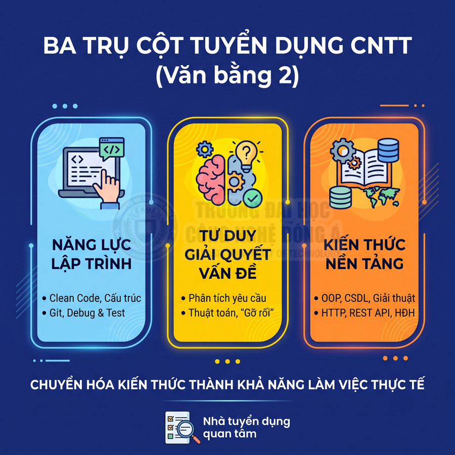 Ba trụ cột tuyển dụng CNTT gồm năng lực lập trình, tư duy giải quyết vấn đề và kiến thức nền tảng
