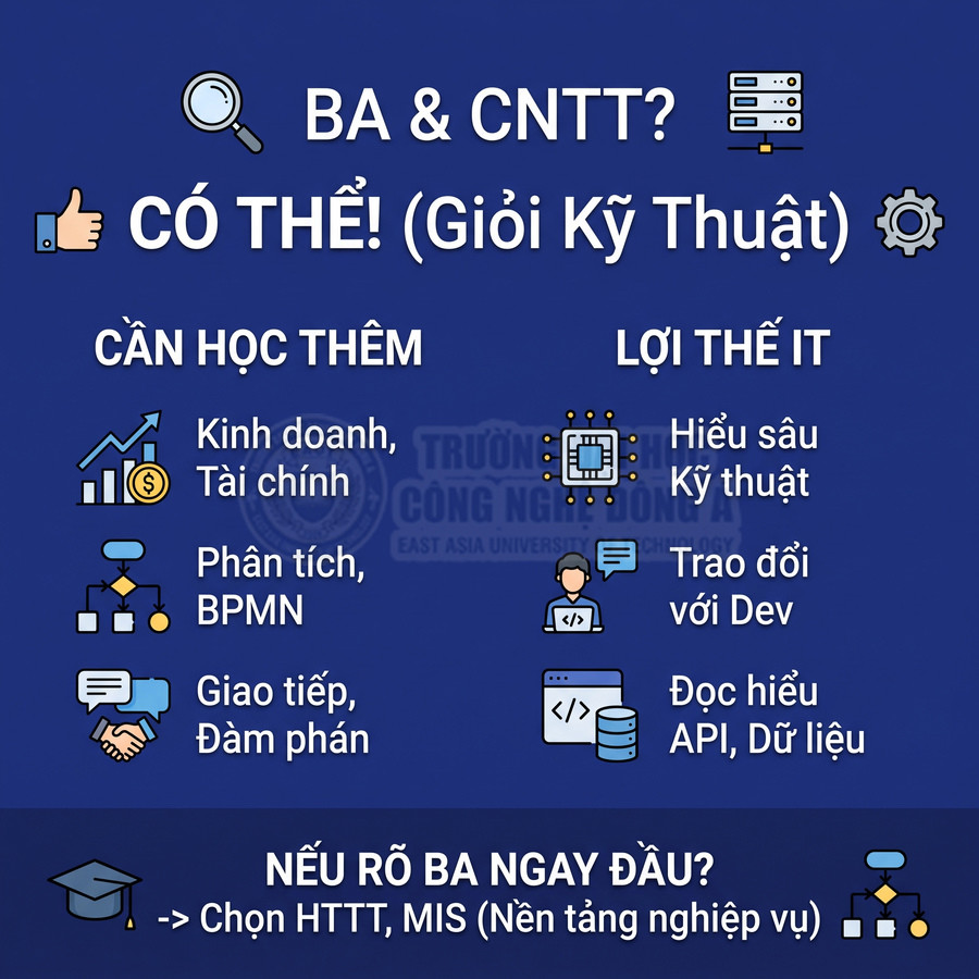 Infographic hướng nghiệp BA và CNTT, liệt kê kỹ năng cần học thêm và lợi thế IT cho sinh viên ngành công nghệ
