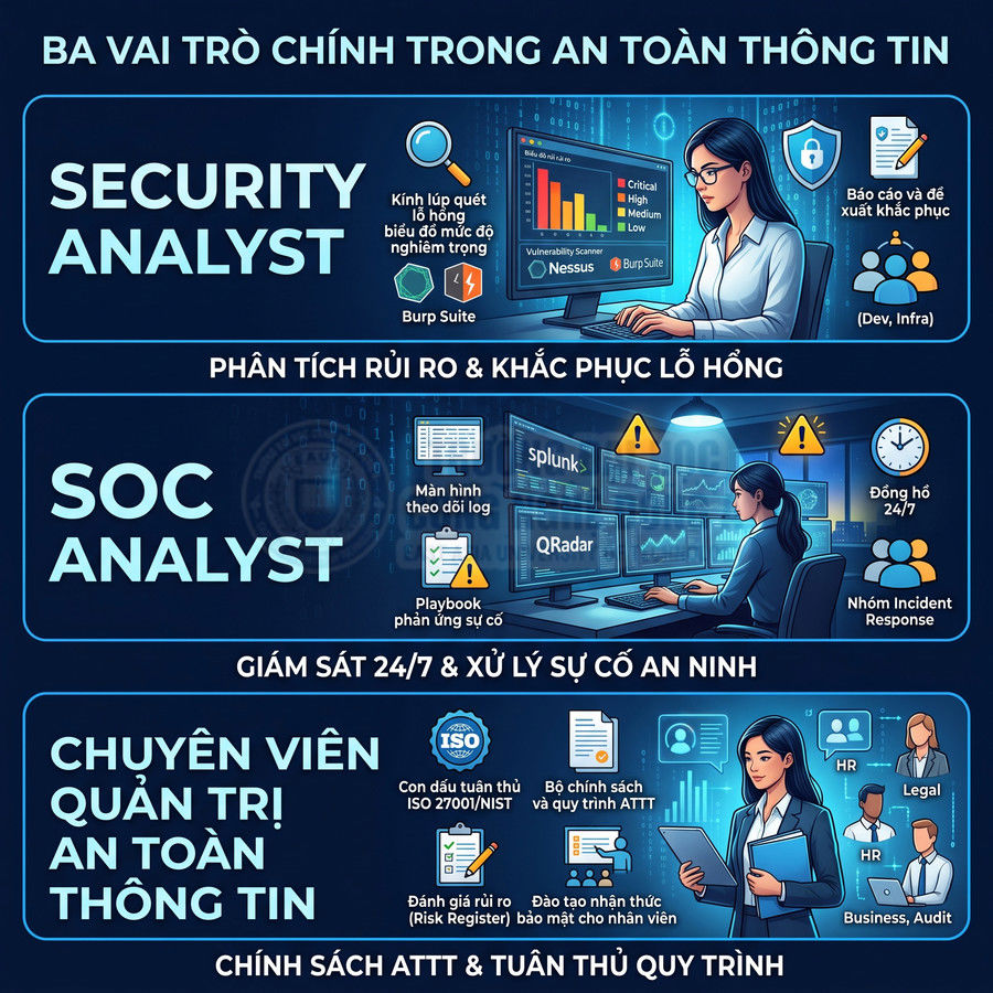 Infographic ba vai trò chính trong an toàn thông tin Security Analyst SOC Analyst và chuyên viên quản trị ATTT
