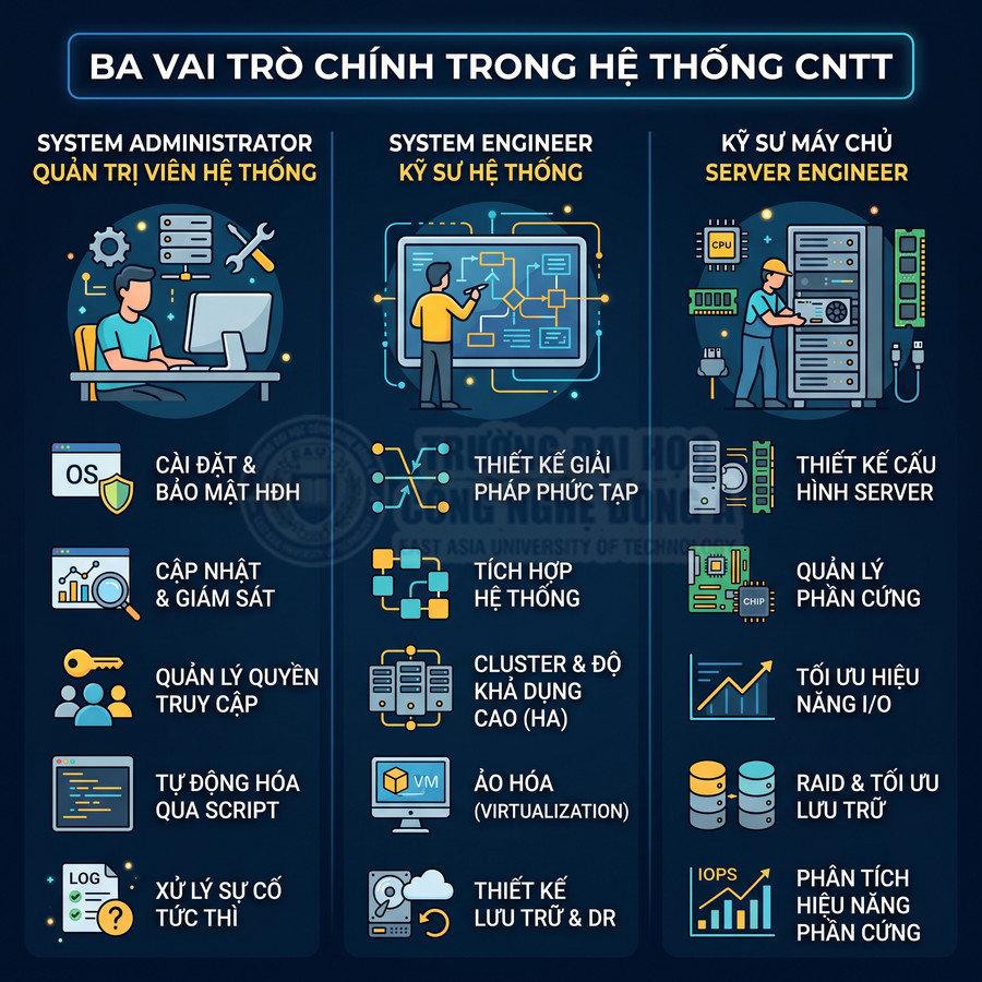 Ba vai trò chính trong hệ thống CNTT gồm quản trị viên hệ thống, kỹ sư hệ thống và kỹ sư máy chủ cùng nhiệm vụ chi tiết