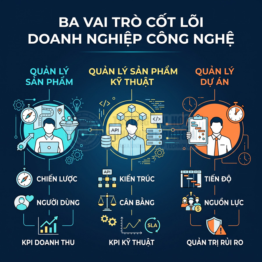 Ba vai trò cốt lõi trong doanh nghiệp công nghệ: quản lý sản phẩm, quản lý sản phẩm kỹ thuật, quản lý dự án
