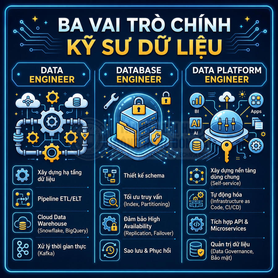 Infographic ba vai trò chính của kỹ sư dữ liệu gồm data engineer, database engineer và data platform engineer