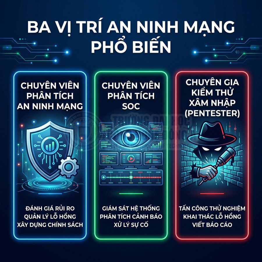 Ba vị trí an ninh mạng phổ biến gồm chuyên viên phân tích an ninh, phân tích SOC và chuyên gia kiểm thử xâm nhập