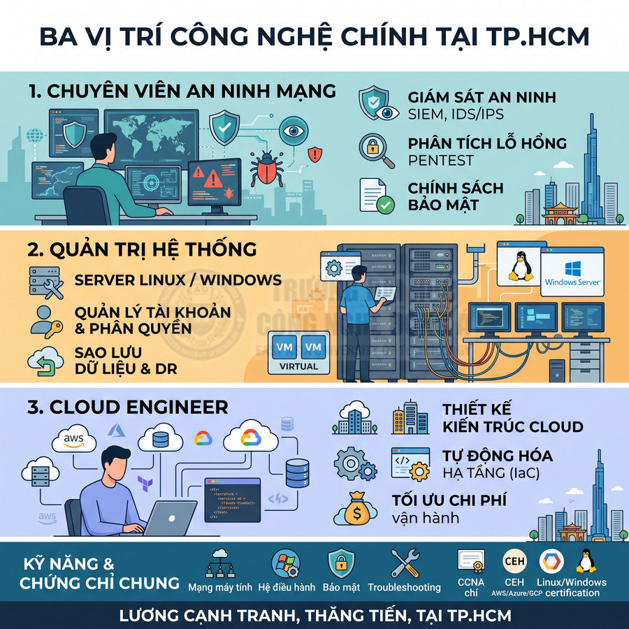 Infographic giới thiệu ba vị trí công nghệ tại TP.HCM gồm an ninh mạng, quản trị hệ thống và cloud engineer