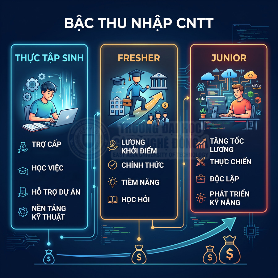 So sánh các bậc thu nhập ngành CNTT từ thực tập sinh, fresher đến junior và lộ trình phát triển kỹ năng