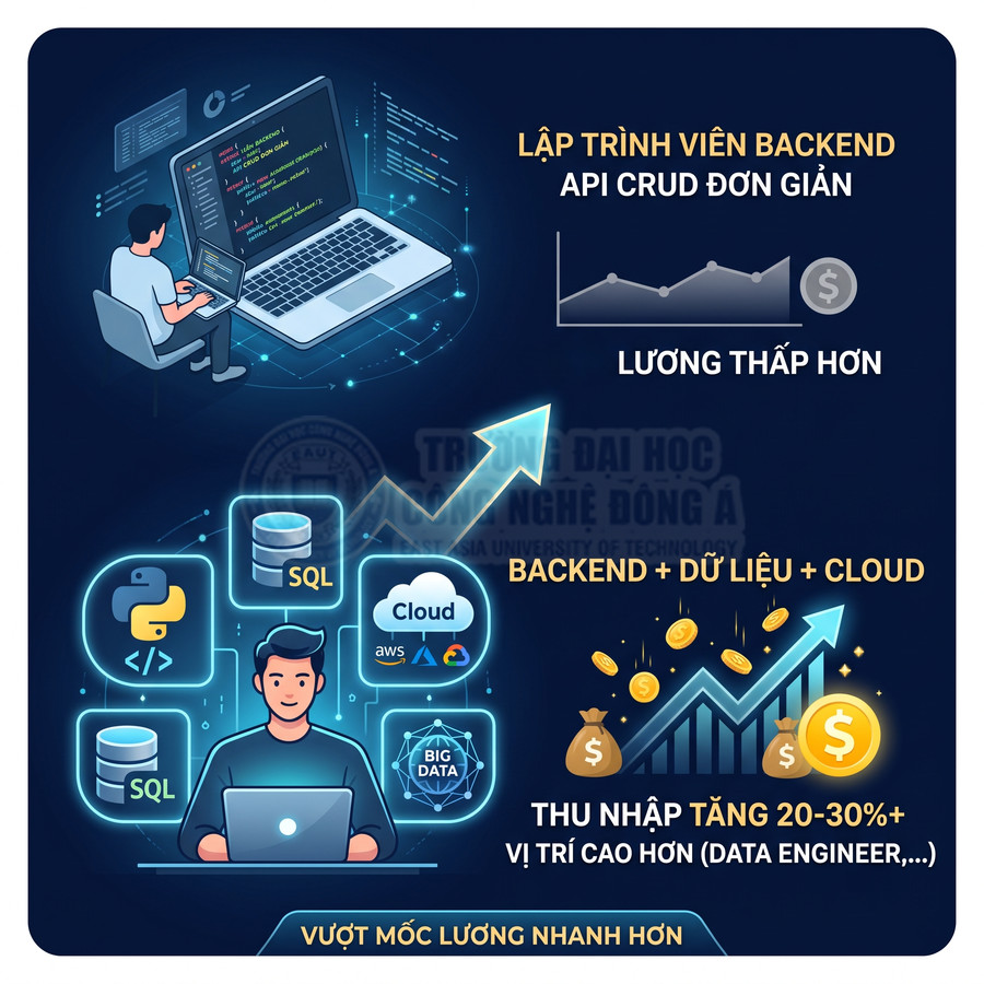 Infographic so sánh lương lập trình viên backend cơ bản với backend kết hợp dữ liệu và cloud thu nhập cao hơn