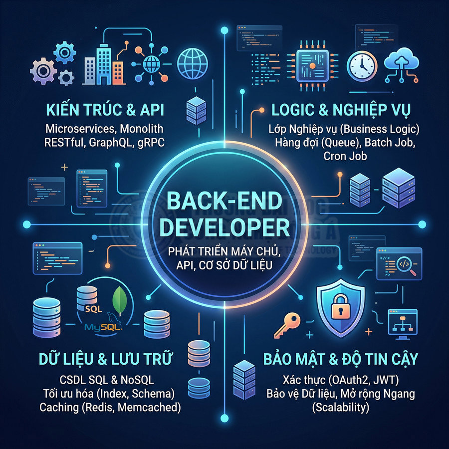 Mô tả kỹ năng back-end developer gồm kiến trúc API, logic nghiệp vụ, dữ liệu lưu trữ, bảo mật và độ tin cậy