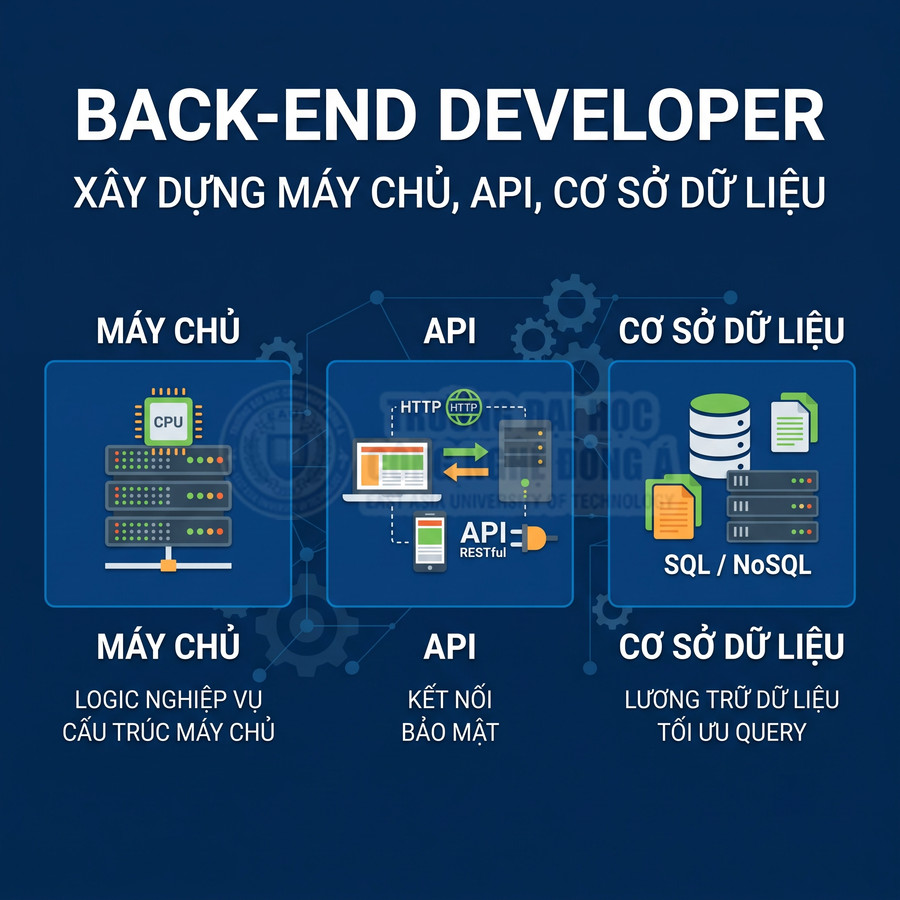 Mô tả vai trò back end developer xây dựng máy chủ API và cơ sở dữ liệu SQL NoSQL trong hệ thống web