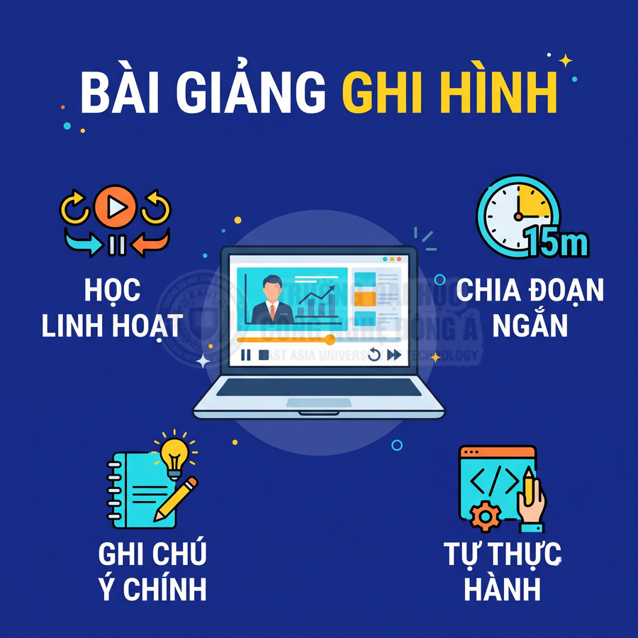 Laptop phát bài giảng ghi hình với nội dung học linh hoạt, chia đoạn ngắn, ghi chú ý chính và tự thực hành