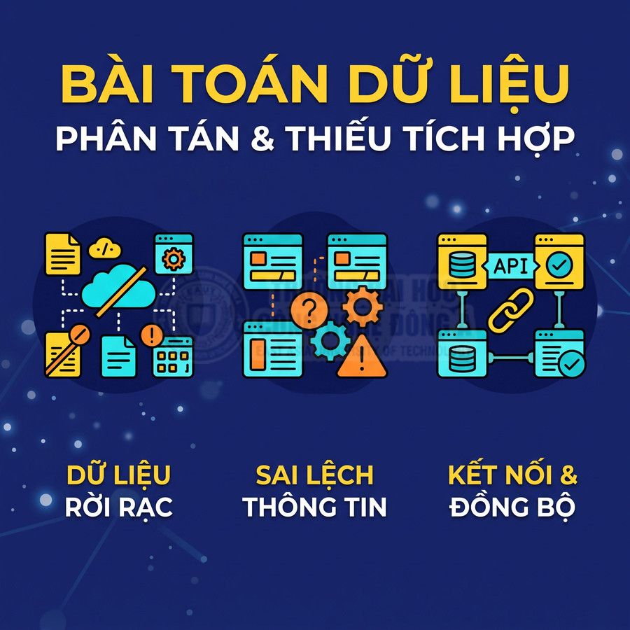 Các vấn đề dữ liệu phân tán và thiếu tích hợp gồm dữ liệu rời rạc, sai lệch thông tin, kết nối và đồng bộ