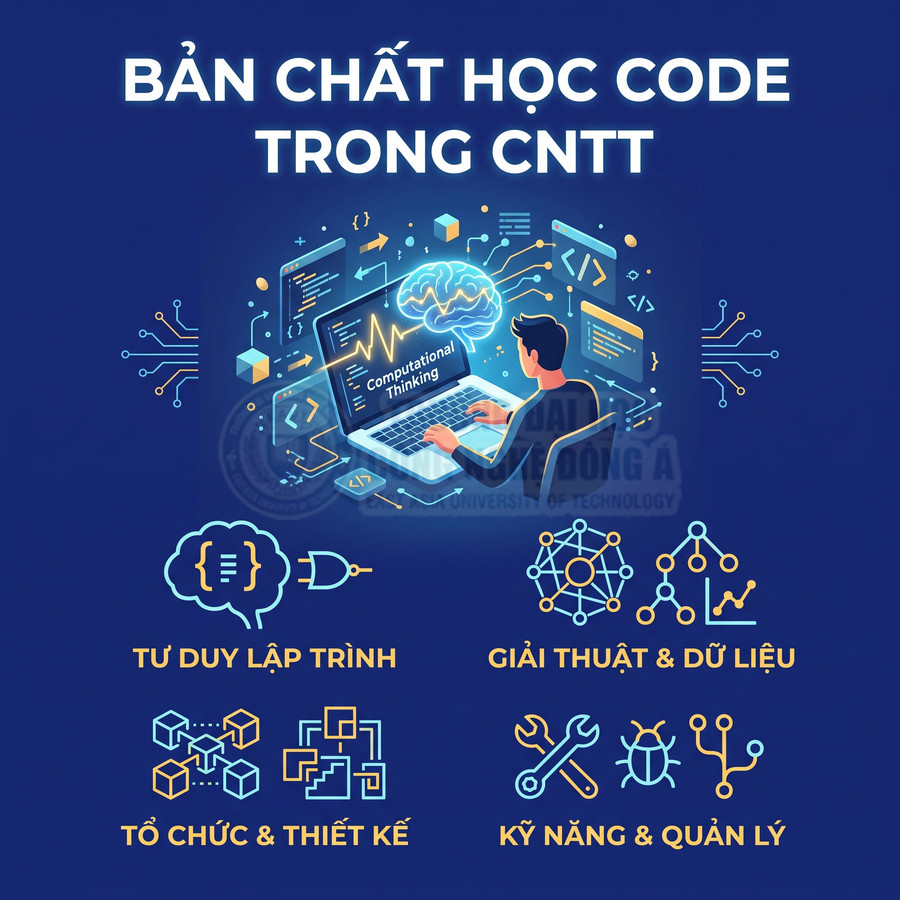 Hình minh họa học code trong CNTT với laptop, tư duy lập trình, giải thuật, dữ liệu, tổ chức thiết kế, kỹ năng quản lý