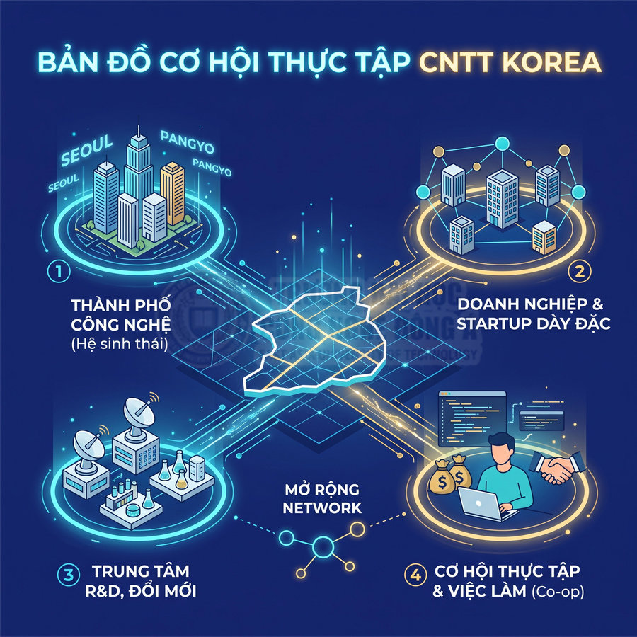 Infographic cơ hội thực tập CNTT tại Hàn Quốc với thành phố công nghệ, startup, trung tâm R&D và việc làm co-op