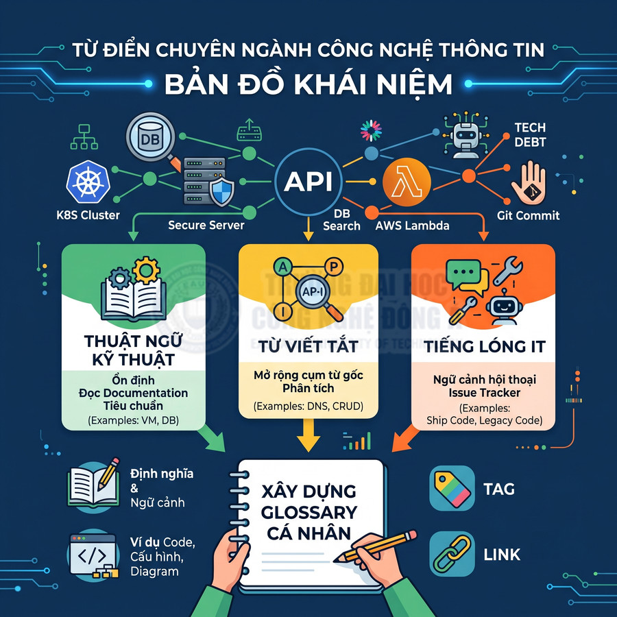 Bản đồ khái niệm từ điển chuyên ngành công nghệ thông tin với API, thuật ngữ kỹ thuật, từ viết tắt và tiếng lóng IT