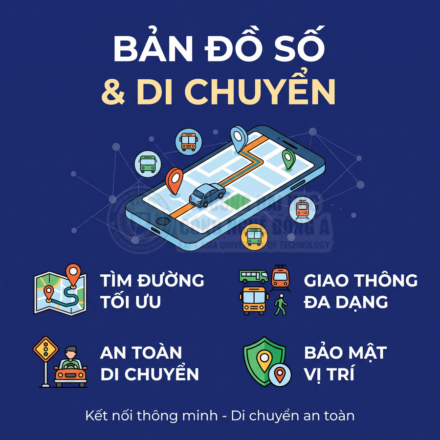 Minh họa bản đồ số trên điện thoại với tuyến đường, phương tiện giao thông và biểu tượng bảo mật vị trí