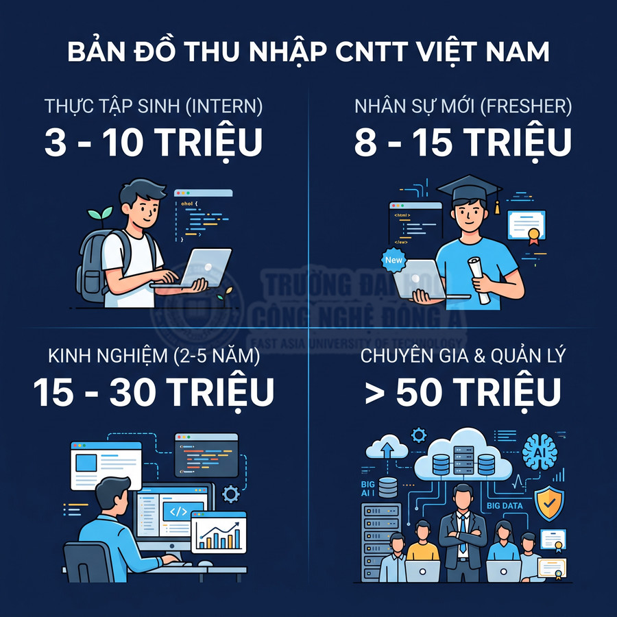 Bản đồ thu nhập ngành CNTT Việt Nam từ thực tập sinh đến chuyên gia quản lý với mức lương tăng dần
