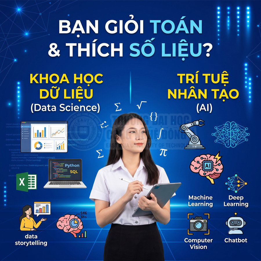 Nữ sinh cầm tablet đứng giữa các biểu tượng giới thiệu ngành khoa học dữ liệu và trí tuệ nhân tạo