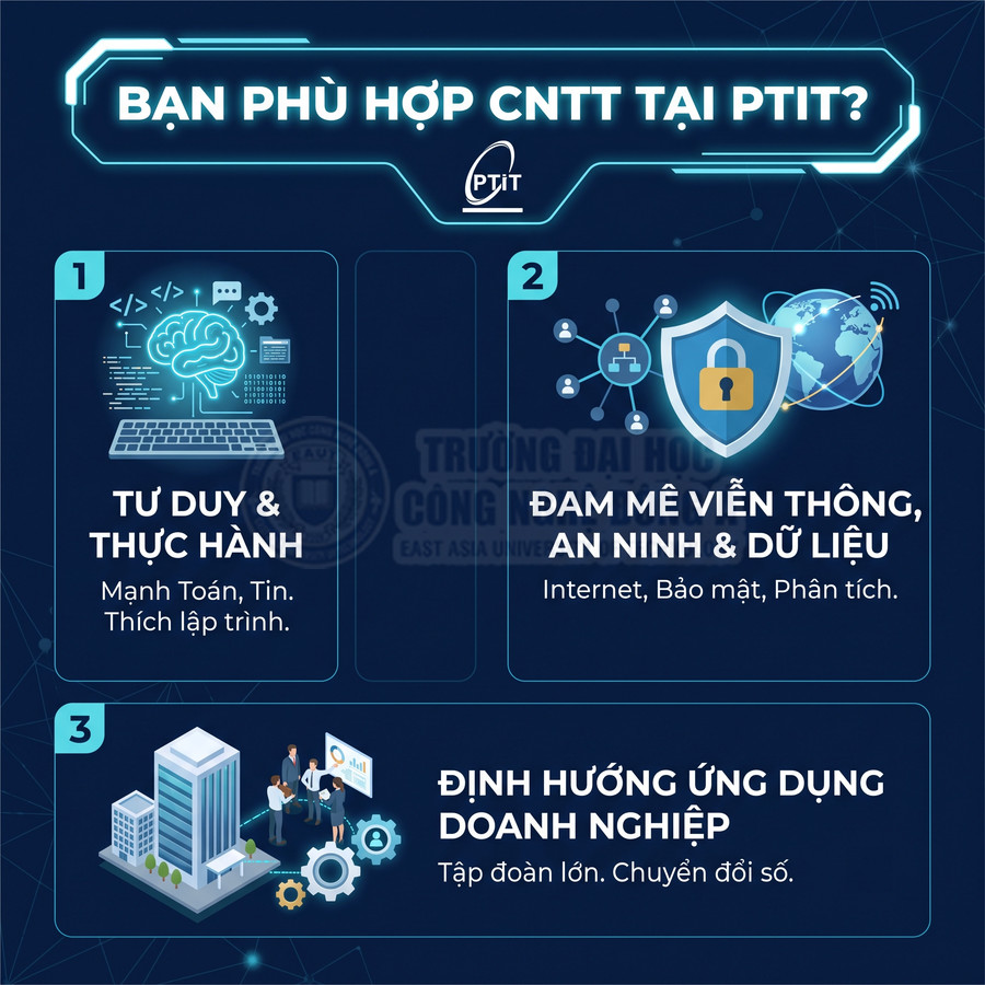Infographic giới thiệu các tố chất phù hợp học ngành CNTT tại PTIT với tư duy lập trình, viễn thông an ninh dữ liệu và ứng dụng doanh nghiệp