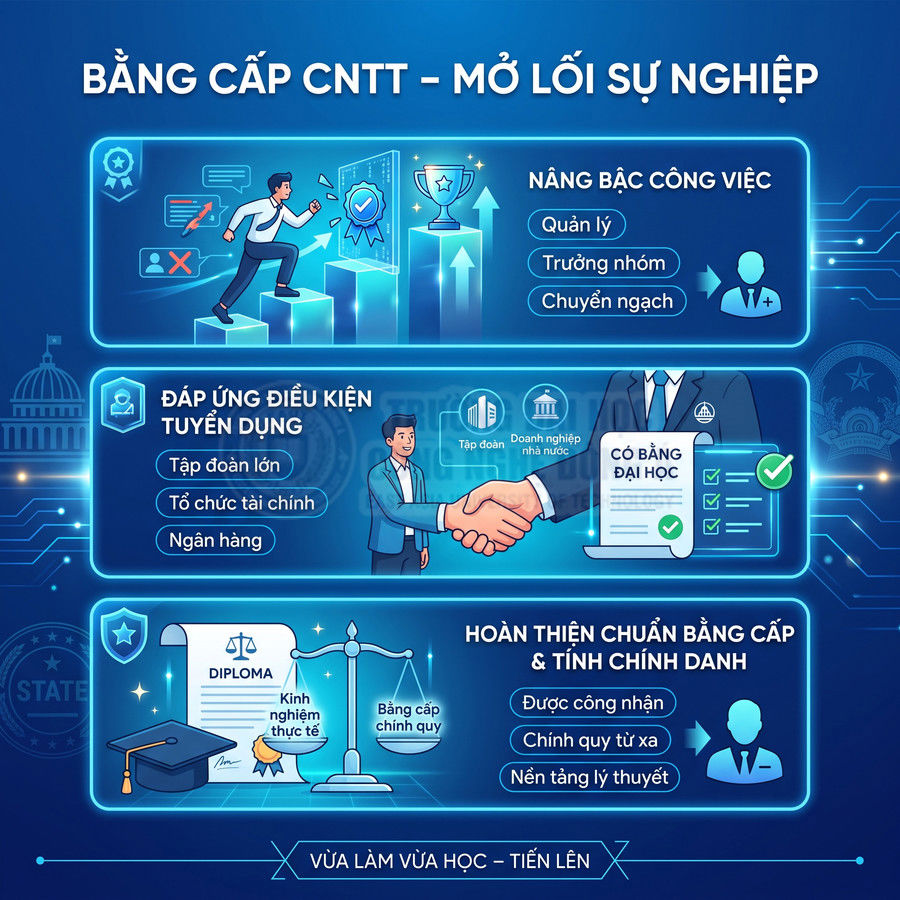 Infographic lợi ích bằng cấp CNTT cho sự nghiệp, thăng tiến công việc, đáp ứng tuyển dụng và hoàn thiện chuẩn bằng cấp
