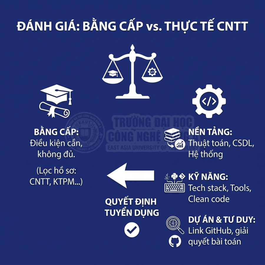 So sánh bằng cấp với năng lực thực tế khi tuyển dụng CNTT, gồm nền tảng, kỹ năng, dự án và tư duy giải quyết vấn đề