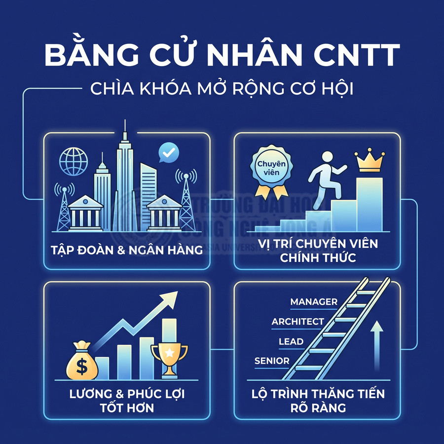 Bằng cử nhân CNTT mở rộng cơ hội việc làm, lương phúc lợi tốt và lộ trình thăng tiến rõ ràng