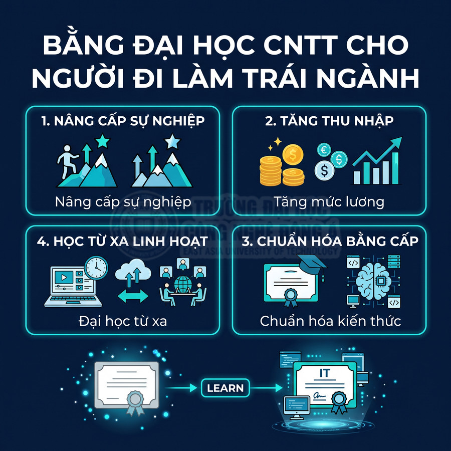 Lợi ích học bằng đại học CNTT cho người đi làm trái ngành như nâng cấp sự nghiệp, tăng thu nhập, học từ xa linh hoạt