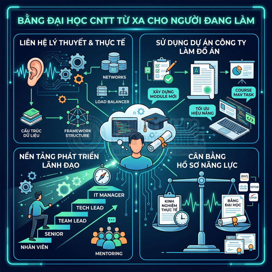 Infographic chương trình bằng đại học CNTT từ xa cho người đi làm với lộ trình học và phát triển sự nghiệp IT