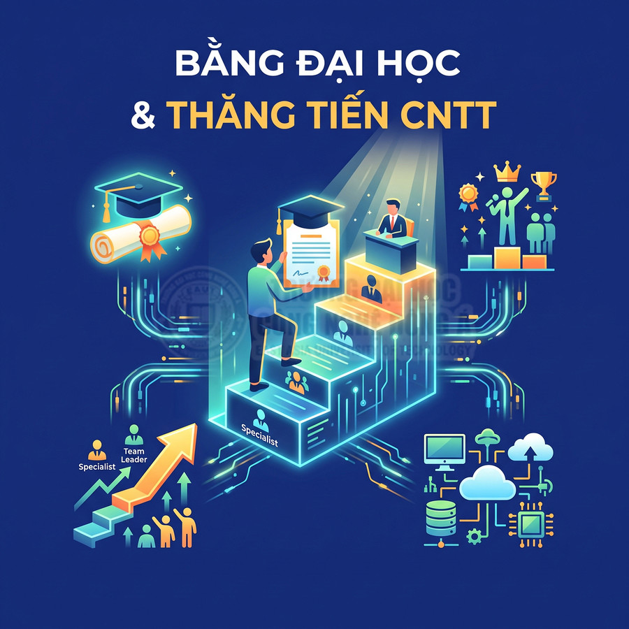 Bằng đại học CNTT giúp thăng tiến sự nghiệp từ specialist đến quản lý với biểu tượng mũ tốt nghiệp và công nghệ số