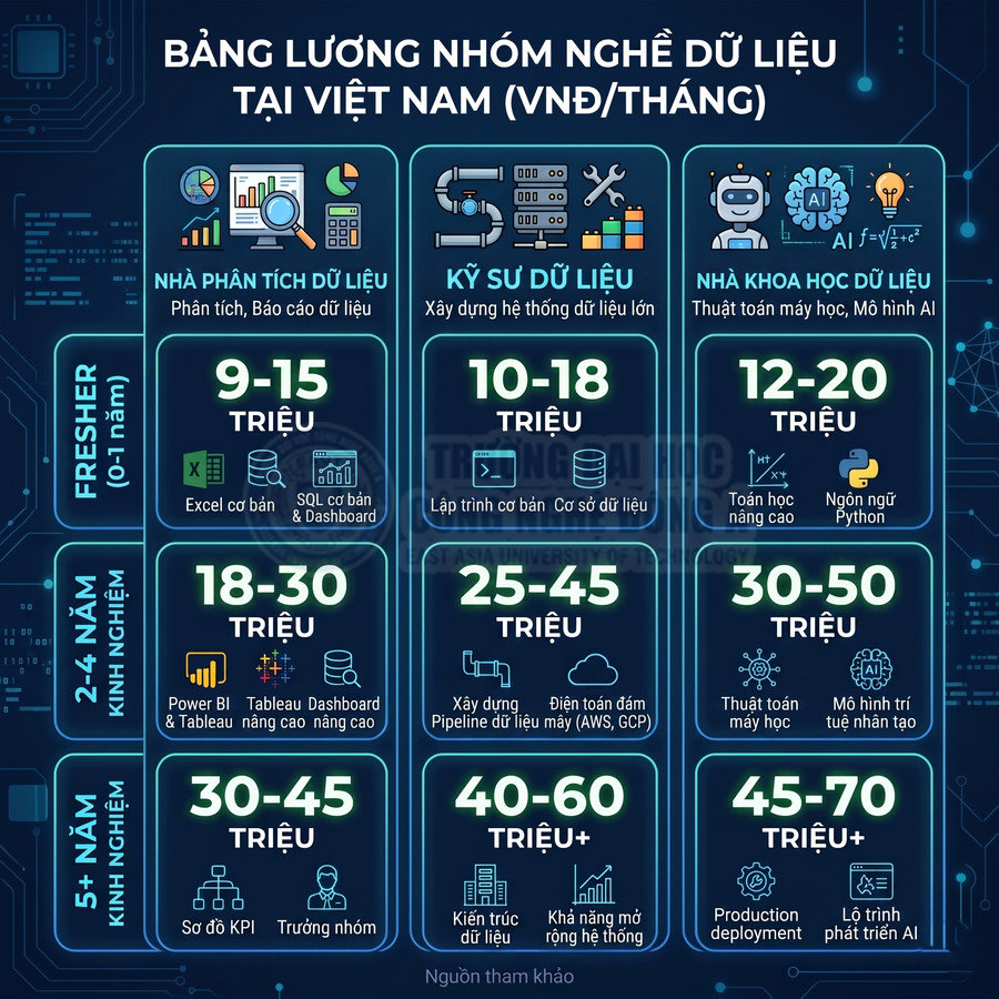 Bảng lương các vị trí nhà phân tích dữ liệu, kỹ sư dữ liệu, nhà khoa học dữ liệu tại Việt Nam theo kinh nghiệm