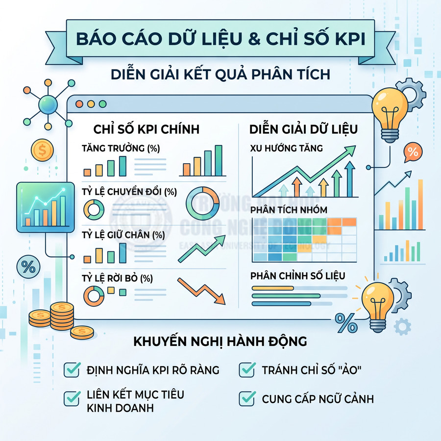 Báo cáo dữ liệu và chỉ số KPI với biểu đồ tăng trưởng, chuyển đổi, giữ chân khách hàng và khuyến nghị hành động