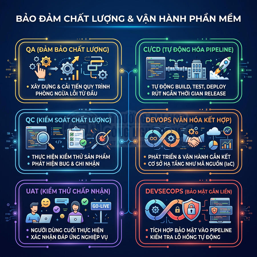 Mô hình QA QC UAT CI CD DevOps DevSecOps trong quy trình đảm bảo chất lượng và vận hành phần mềm