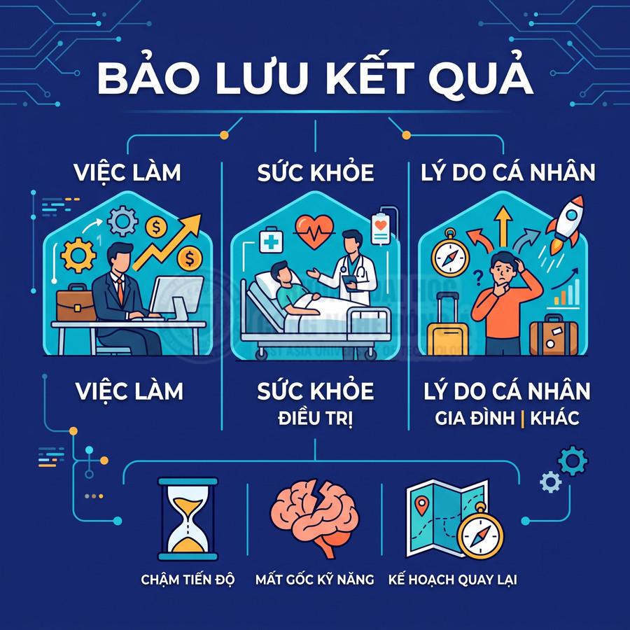 Infographic bảo lưu kết quả học tập vì việc làm sức khỏe lý do cá nhân và hệ quả chậm tiến độ mất kỹ năng kế hoạch quay lại