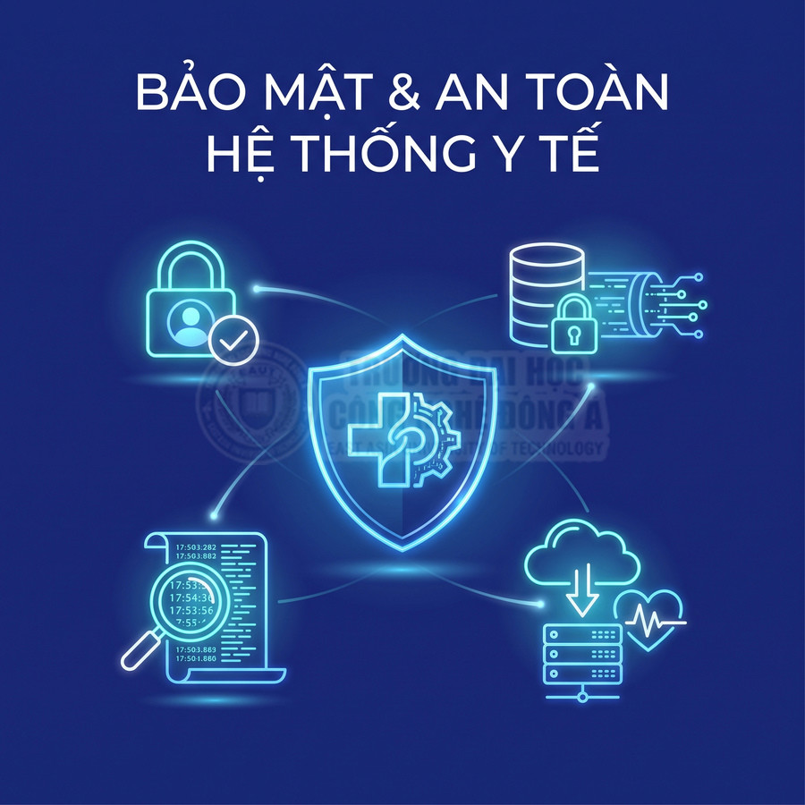 Minh họa bảo mật và an toàn hệ thống y tế với khiên bảo vệ dữ liệu, hồ sơ bệnh nhân và máy chủ đám mây