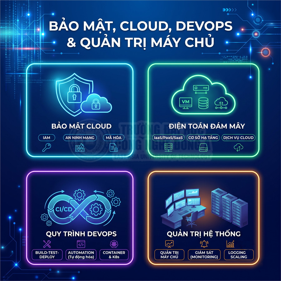 Khóa học bảo mật cloud, điện toán đám mây, DevOps và quản trị hệ thống với minh họa icon hiện đại