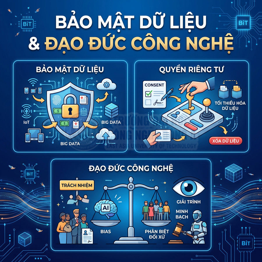 Minh họa khái niệm bảo mật dữ liệu, quyền riêng tư và đạo đức công nghệ với biểu tượng AI, IoT và người dùng