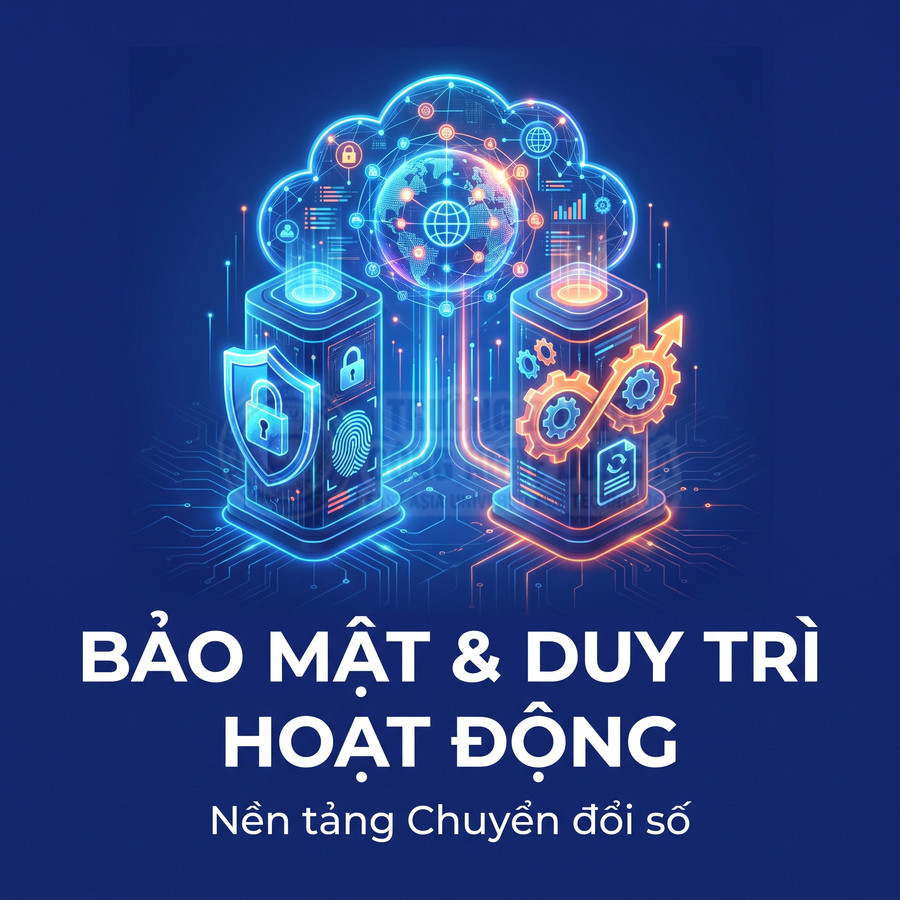Nền tảng chuyển đổi số với máy chủ đám mây, biểu tượng bảo mật dữ liệu và duy trì hoạt động hệ thống
