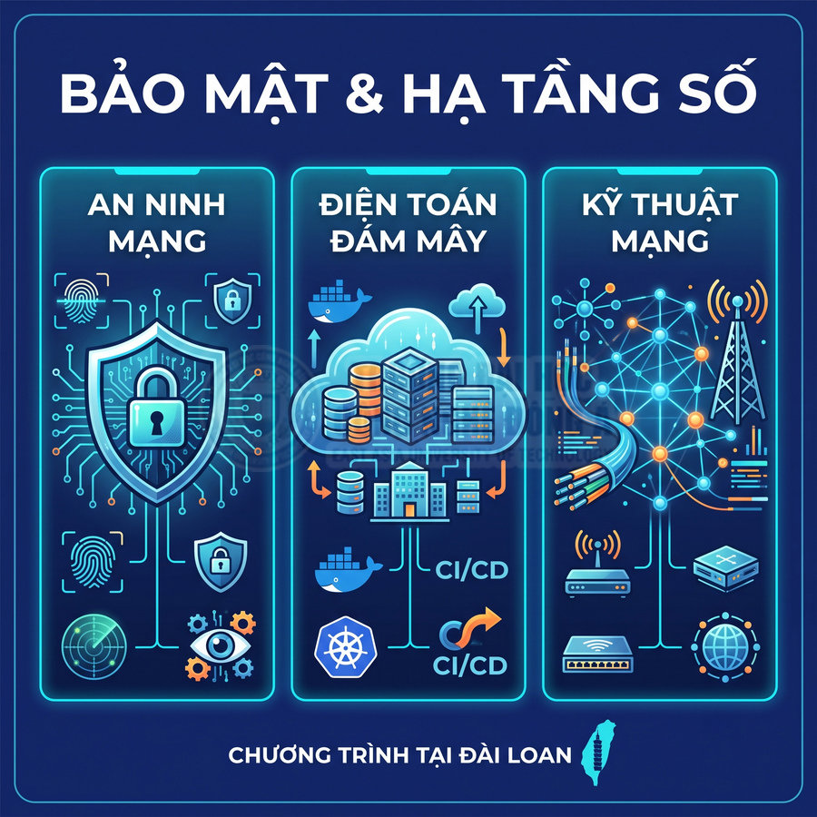 Banner giới thiệu chương trình học bảo mật và hạ tầng số tại Đài Loan về an ninh mạng, điện toán đám mây, kỹ thuật mạng