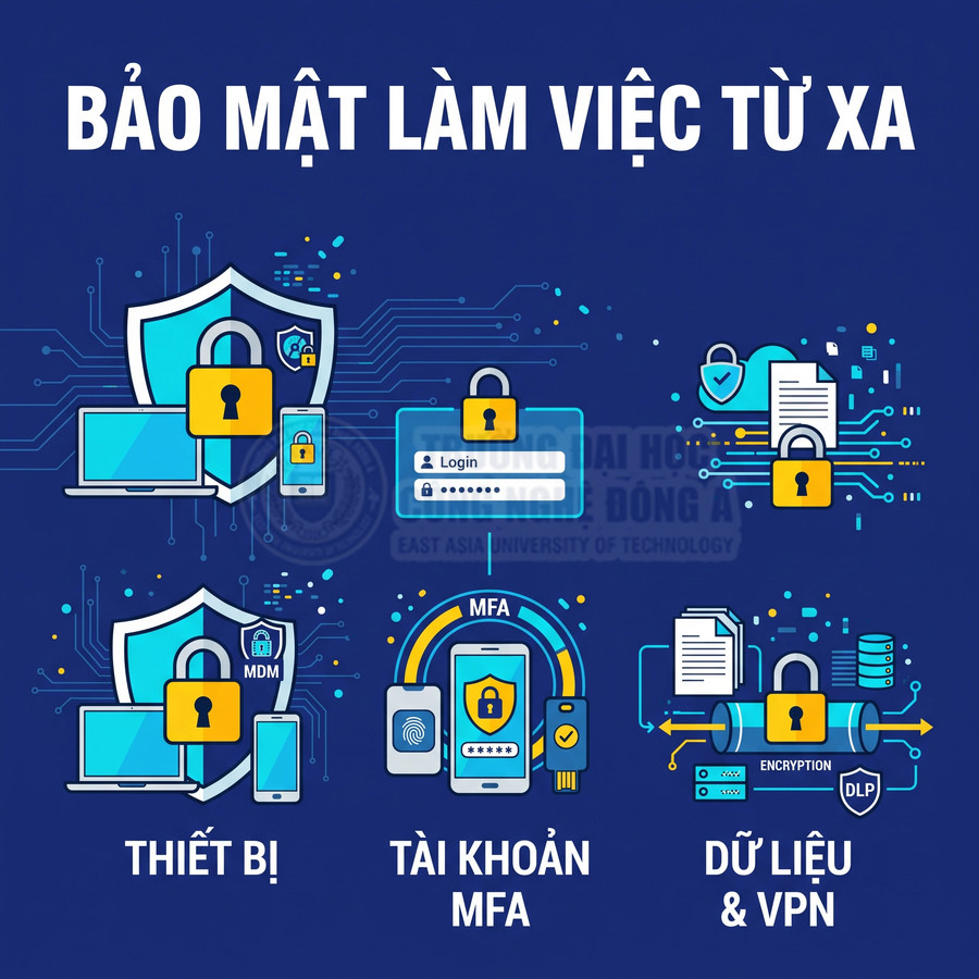 Minh họa giải pháp bảo mật làm việc từ xa cho thiết bị, tài khoản MFA, dữ liệu và VPN