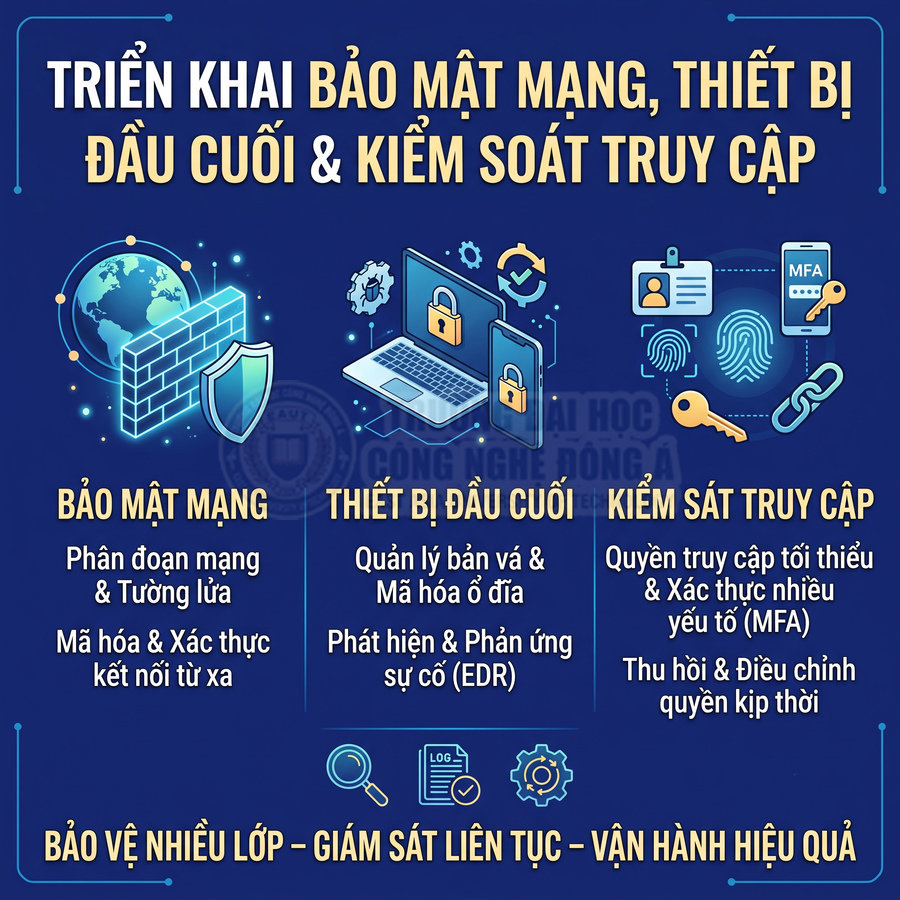Triển khai bảo mật mạng, thiết bị đầu cuối và kiểm soát truy cập bằng tường lửa, mã hóa, EDR và MFA