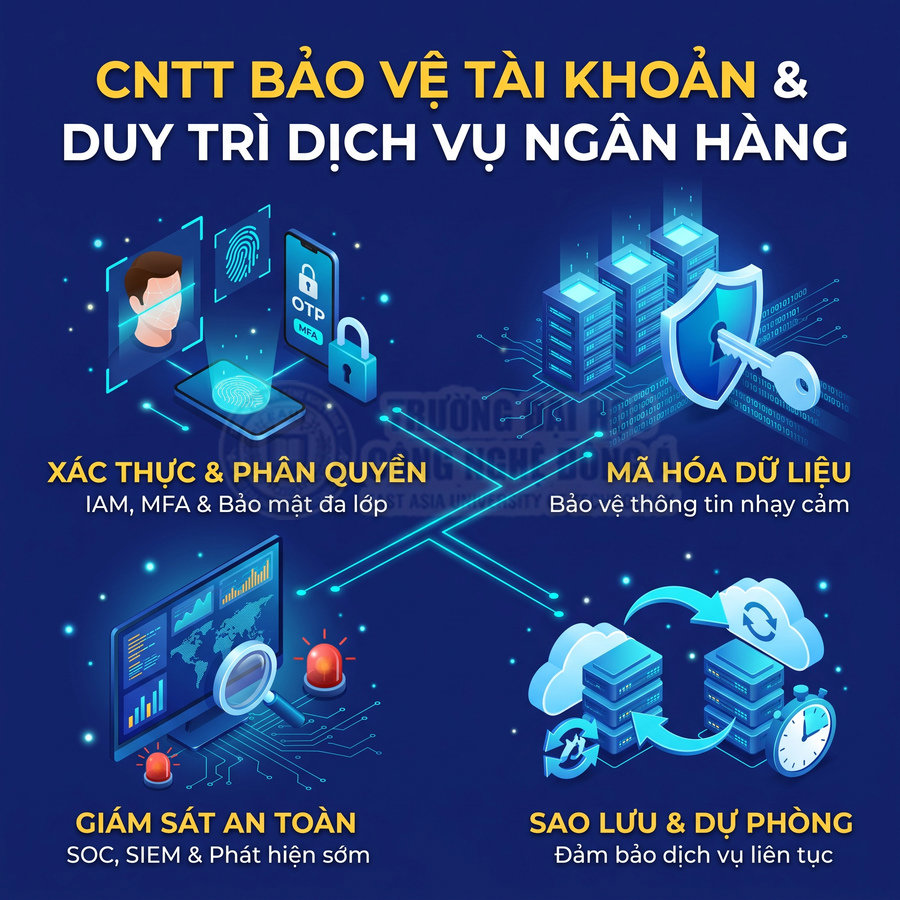 Bảo mật tài khoản và duy trì dịch vụ ngân hàng với xác thực, mã hóa dữ liệu, giám sát an toàn và sao lưu dự phòng