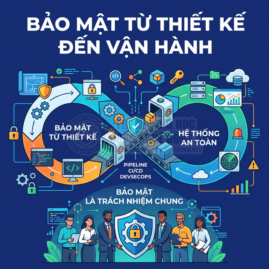 Minh họa quy trình DevSecOps bảo mật từ thiết kế đến vận hành với đội ngũ kỹ sư và biểu tượng an ninh mạng