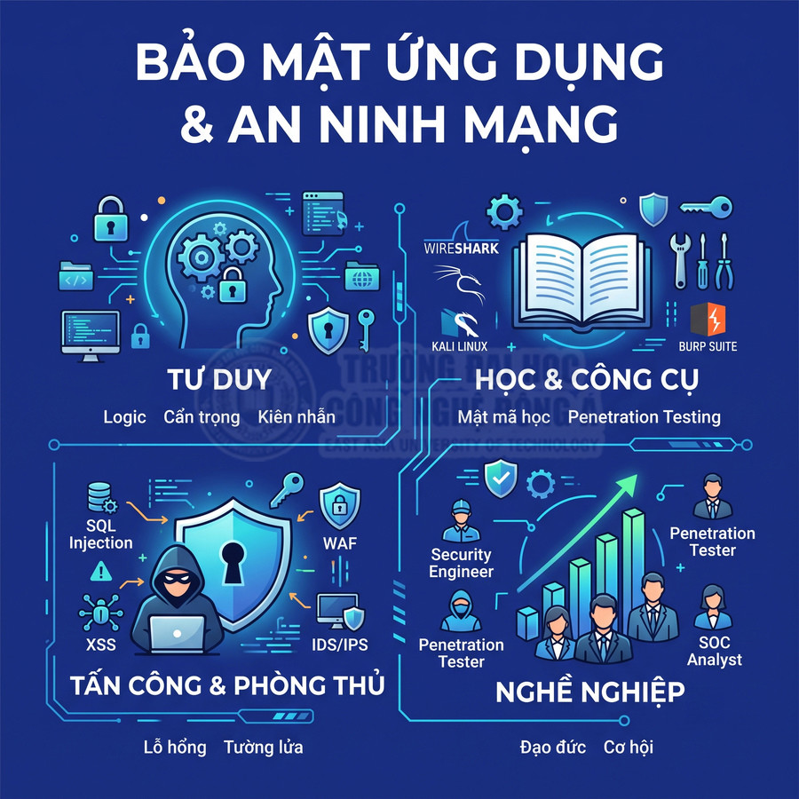 Minh họa khóa học bảo mật ứng dụng và an ninh mạng với tư duy, công cụ, tấn công phòng thủ và nghề nghiệp