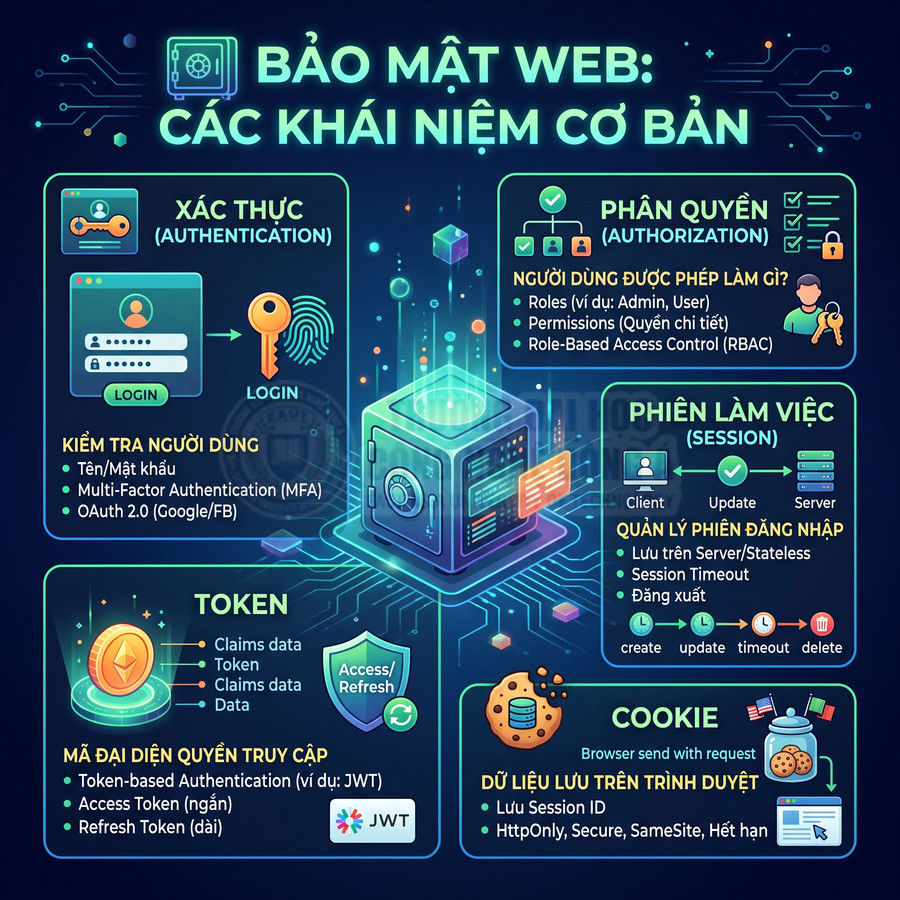 Infographic bảo mật web giải thích xác thực, phân quyền, phiên làm việc, token và cookie bằng hình minh họa trực quan