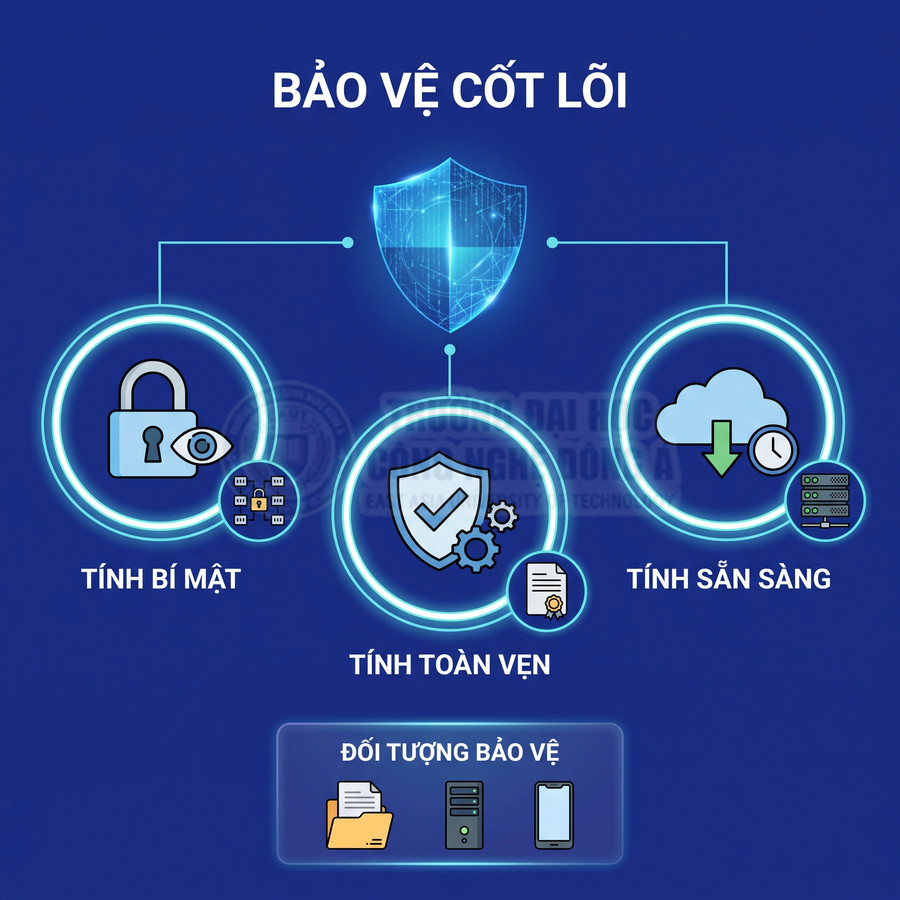 Bảo vệ cốt lõi gồm tính bí mật, toàn vẹn và sẵn sàng cho tệp, máy chủ và điện thoại di động