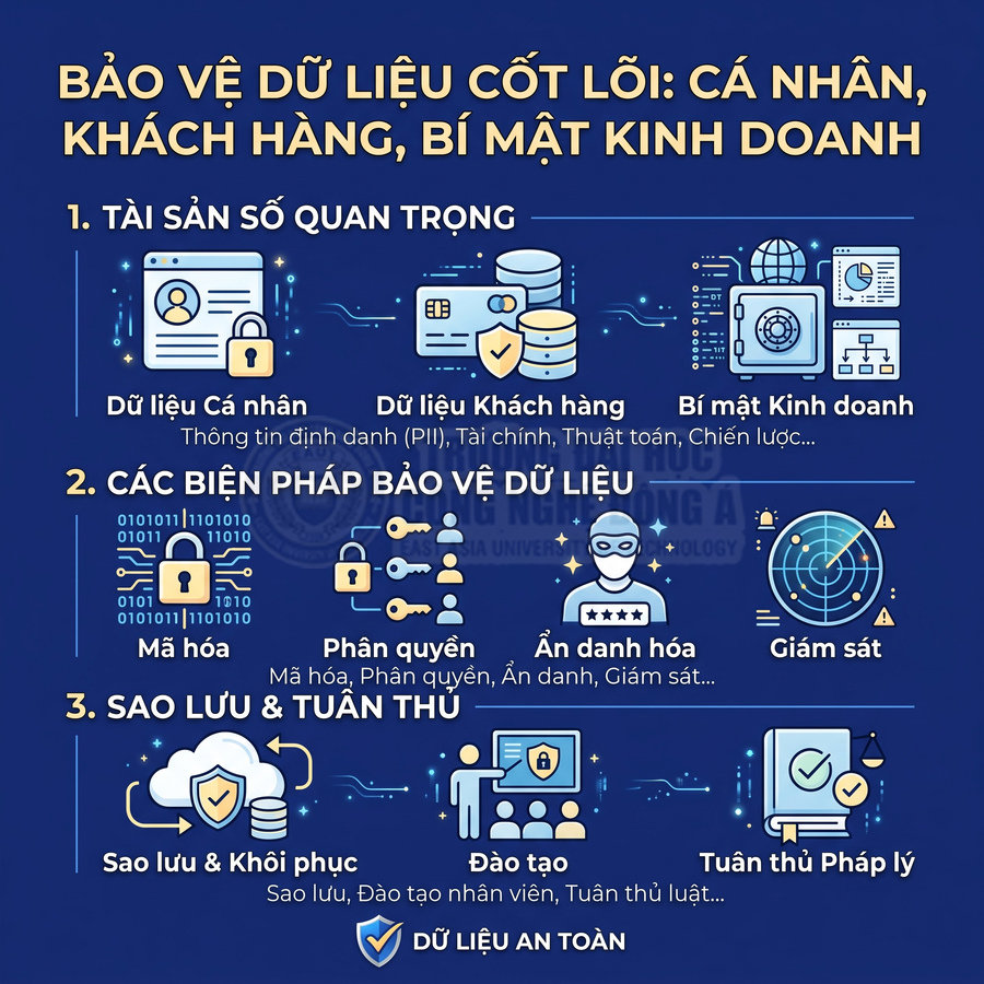 Infographic hướng dẫn bảo vệ dữ liệu cá nhân, khách hàng và bí mật kinh doanh bằng mã hóa, phân quyền, sao lưu, tuân thủ pháp lý
