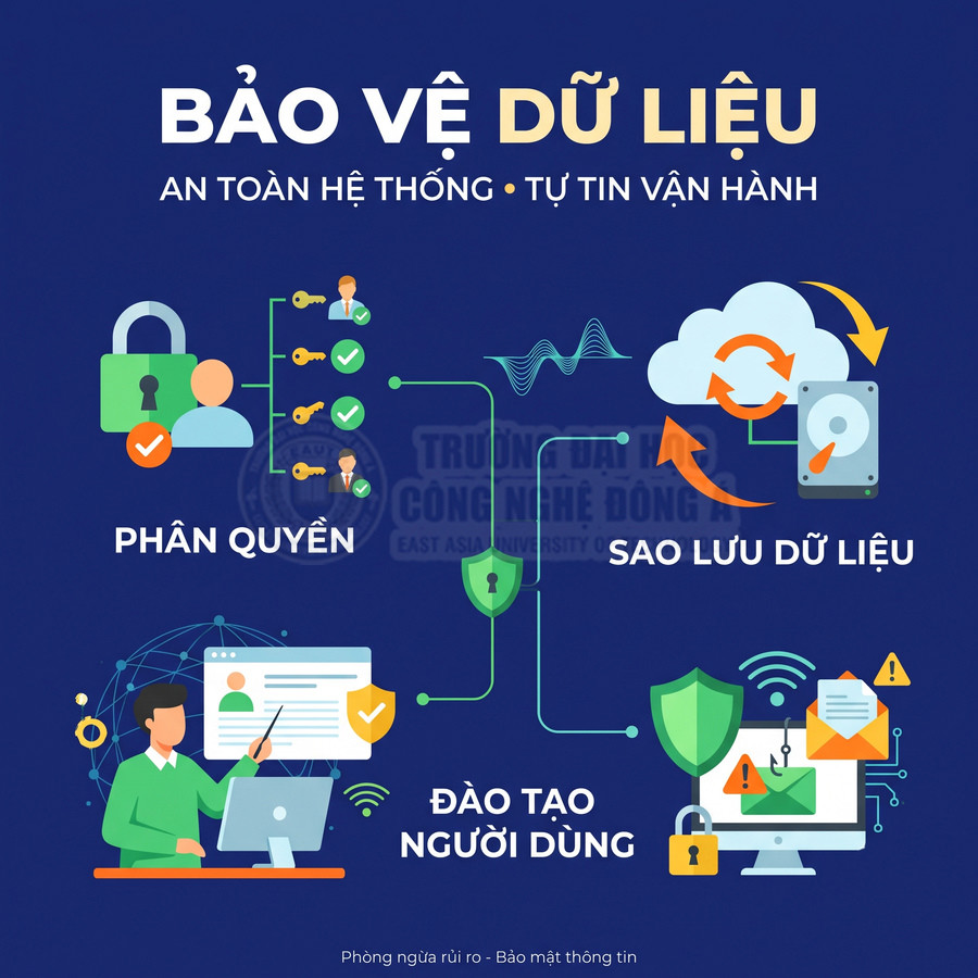 Các giải pháp bảo vệ dữ liệu gồm phân quyền truy cập sao lưu dữ liệu và đào tạo người dùng