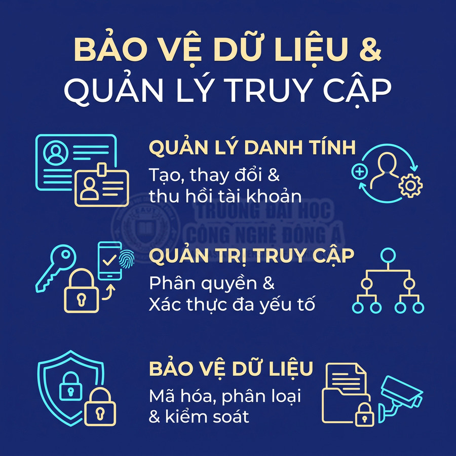 Nội dung về bảo vệ dữ liệu và quản lý truy cập với các biểu tượng nhận diện, phân quyền và mã hóa dữ liệu