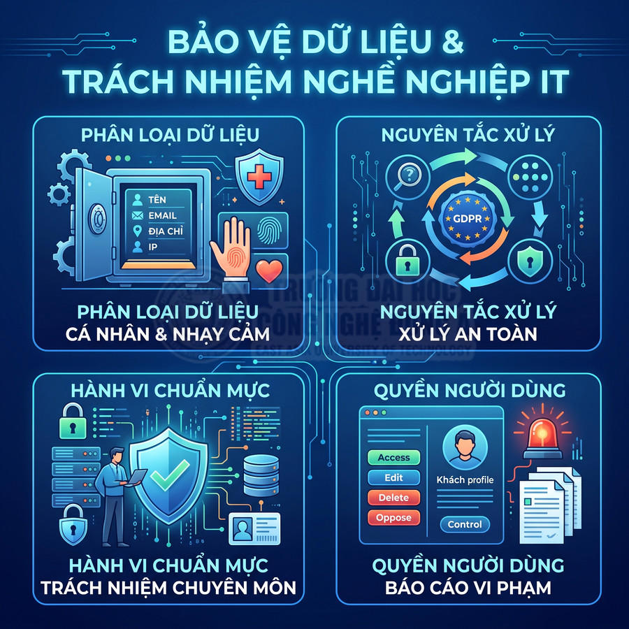Infographic bảo vệ dữ liệu cá nhân, nguyên tắc xử lý an toàn và trách nhiệm nghề nghiệp IT